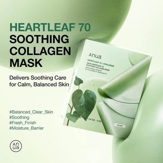 Heartleaf 70 Soothing Collagen Mask, Overnight Face Mask for Sensitive Skin, Hyaluronic Acid, Hydrating Facial Mask, Redness Relief, Natural Color, Korean Skincare, 1.34 Fl.Oz/4Ea