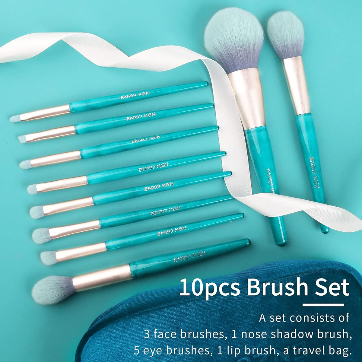 Teal Blue Makeup Brushes Set with Case, Travel Makeup Brush Set Professional, Colorful Cosmetic Brushes Makeup Set, Soft Make up Brushes, Wood Make up Brushes Set, Makeup Brush Set Vegan.