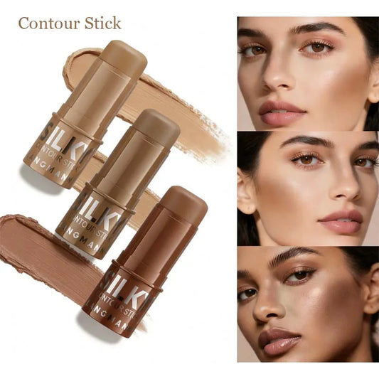 3 Color Contour Stick Multi-Functional Face Highlighter Cream Bronze Long-Lasting Waterproof Contouring & Brightening Stick