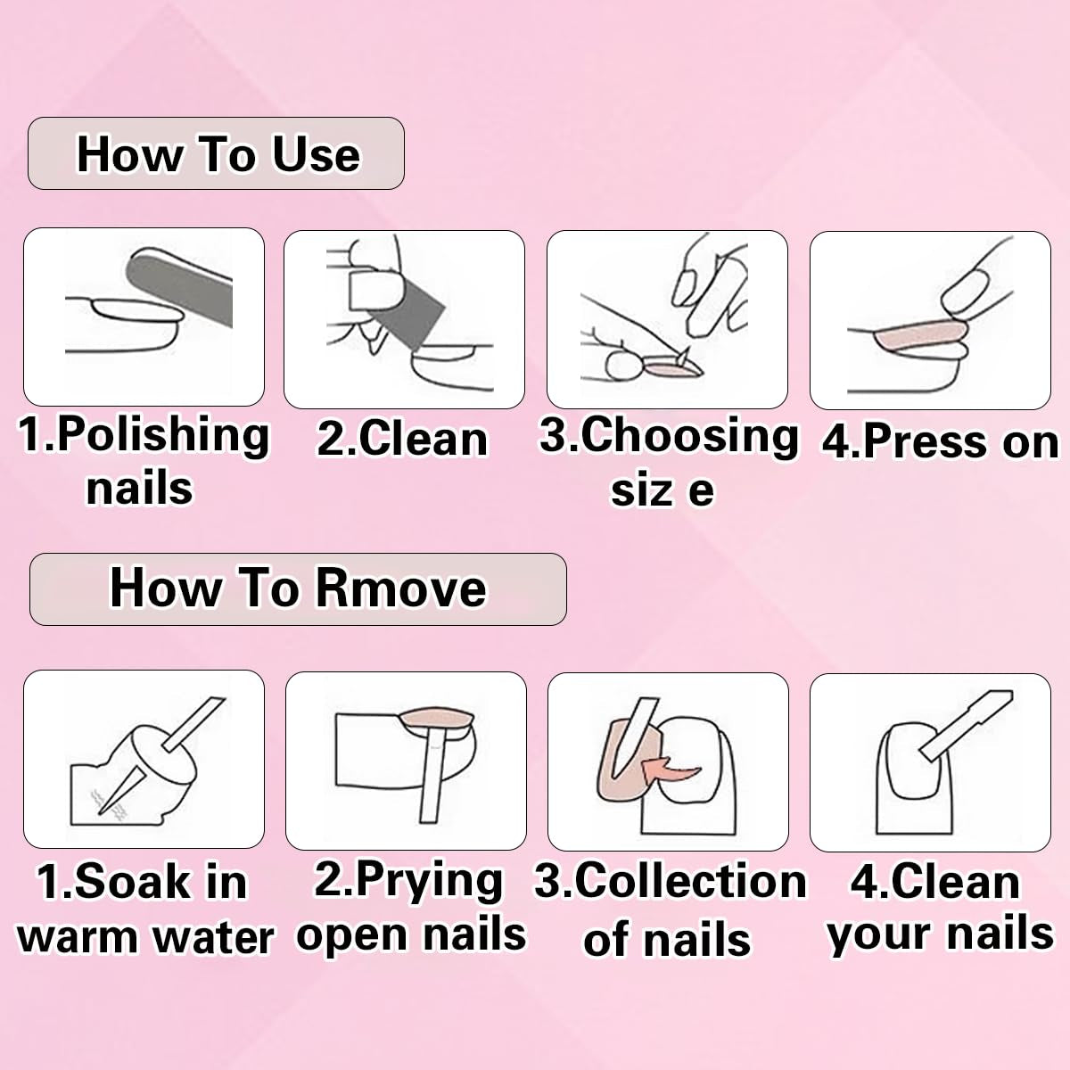 French Tip Press on Nails - Square Medium Long Brown Pink Heart Rhinestone False Nails - Women'S Glue on Acrylic Gel Stick on Glitter Fantasy Wedding Birthday