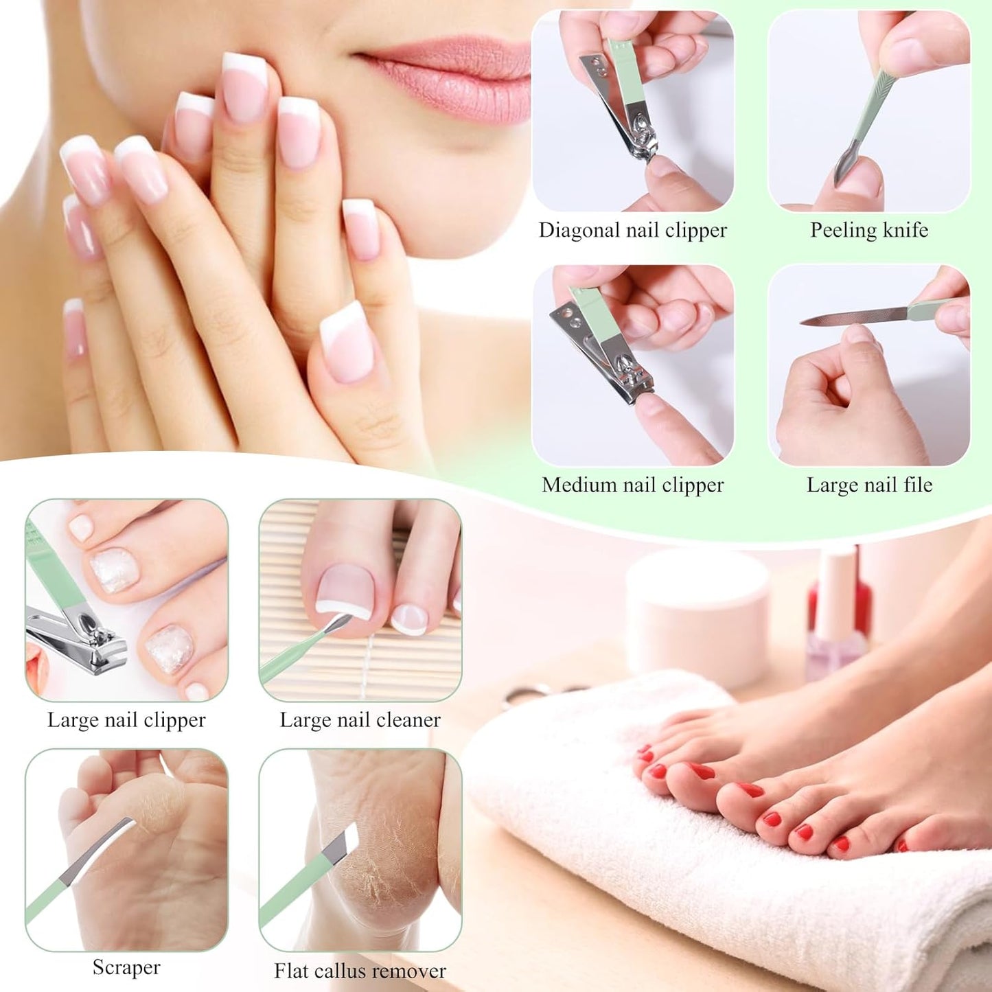 Manicure Set Pedicure Kit Nail Clippers Set Fingernail Clipper Set Ingrown Toenail Nail Kit Scissor Nail Trimmer Kit 18 Pieces Women and Men’S Care Grooming Tools with Fine Case (Tea Green_18 Pieces)