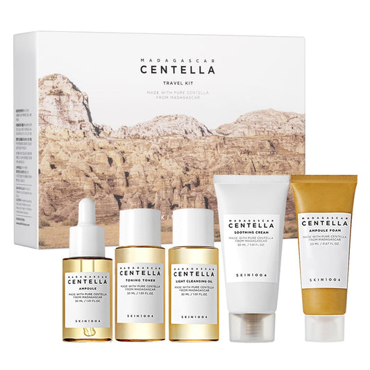 Centella Travel Kit, Korean Skin Care Set with Toner, Moisturiser, Serum, Cleansing Oil & Cleanser, Travel Size Set with Madagascar Centella, Sensitive Skin, Perfect for Travel Beauty & Gifts
