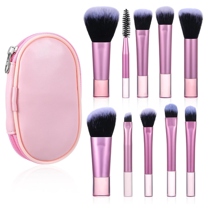 10 Pcs Travel Makeup Brush Set, Mini Portable Cosmetic Brushes with Case for Foundation, Eyeshadow, Highlight, Contour, Blush & Concealer