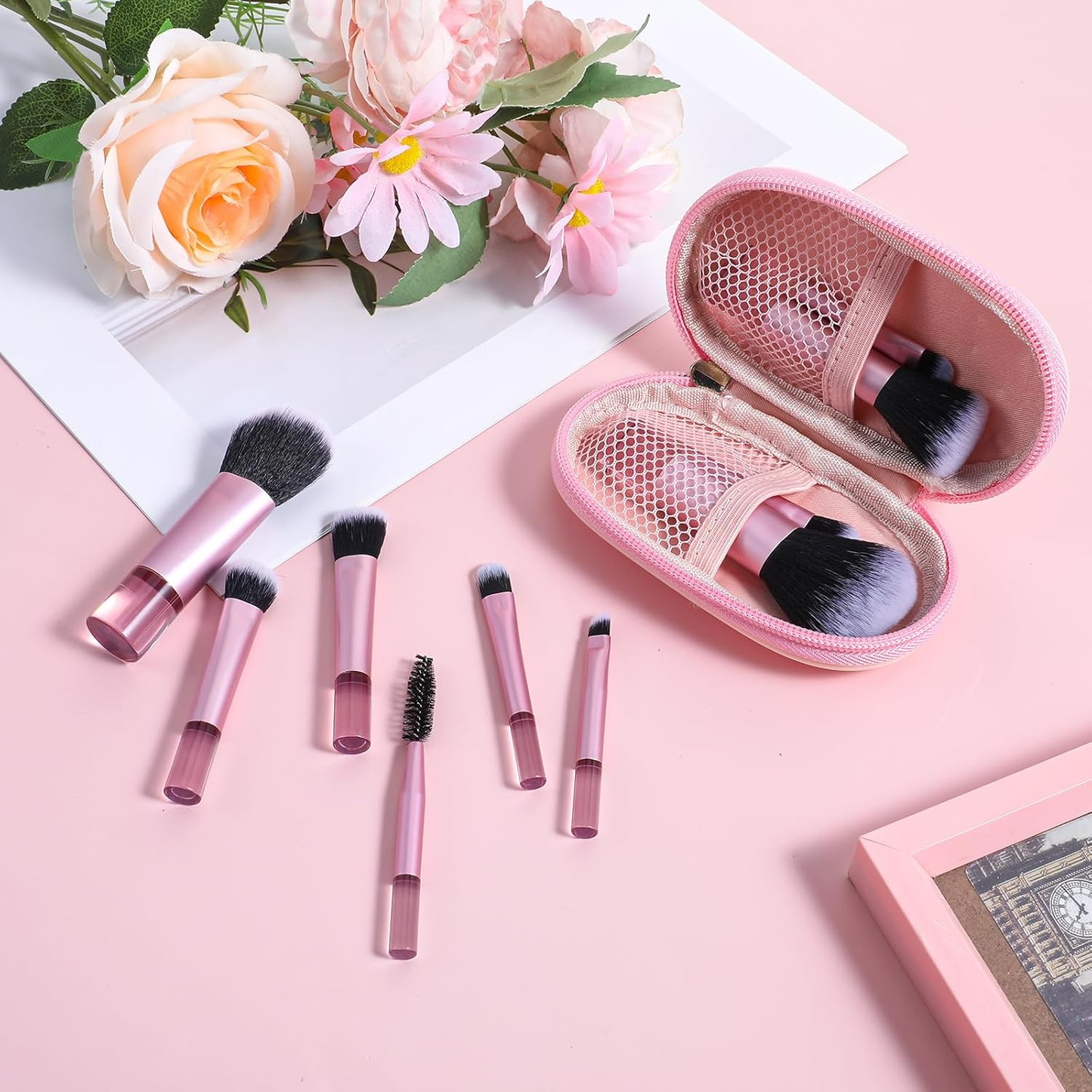 10 Pcs Travel Makeup Brush Set, Mini Portable Cosmetic Brushes with Case for Foundation, Eyeshadow, Highlight, Contour, Blush & Concealer