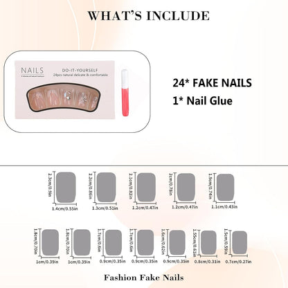 Press-On Nails: White French Tips, Glossy False Nails, Bling Glitter, Full Cover Flower Design, Gel Glue On, Acrylic Nails for Women & Girls