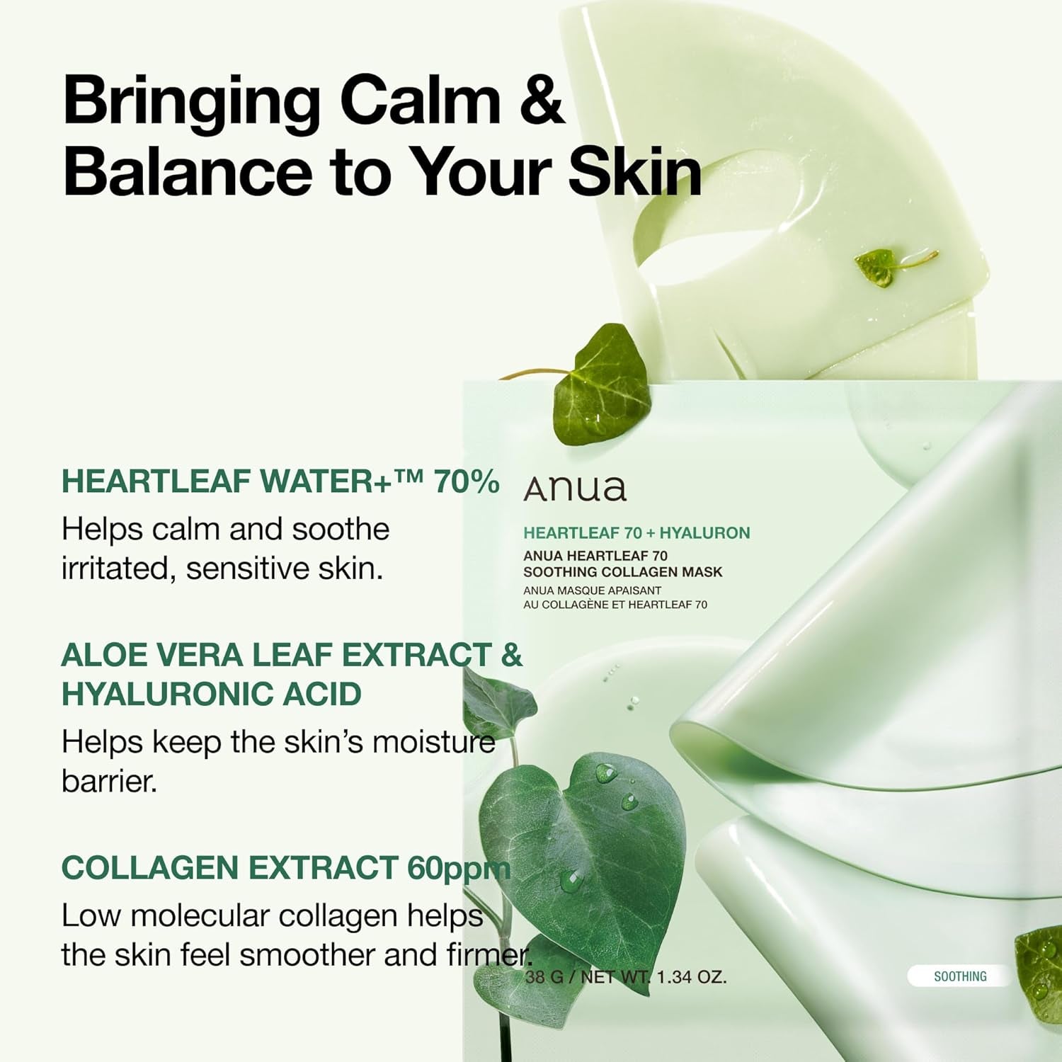 Heartleaf 70 Soothing Collagen Mask, Overnight Face Mask for Sensitive Skin, Hyaluronic Acid, Hydrating Facial Mask, Redness Relief, Natural Color, Korean Skincare, 1.34 Fl.Oz/4Ea