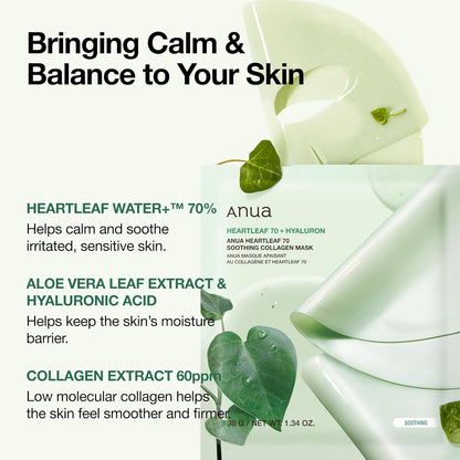 Heartleaf 70 Soothing Collagen Mask, Overnight Face Mask for Sensitive Skin, Hyaluronic Acid, Hydrating Facial Mask, Redness Relief, Natural Color, Korean Skincare, 1.34 Fl.Oz/4Ea