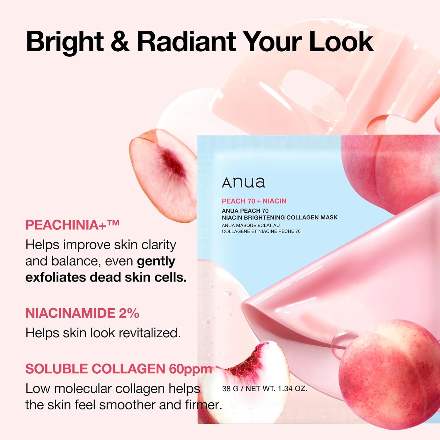 Peach 70 Niacin Brightening Collagen Mask, Overnight Face Mask for Glass Skin, Niacinamide, Elasticity, Even Skin Tone, Natural Color, Korean Skincare, 1.34 Fl.Oz/4Ea