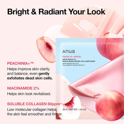 Peach 70 Niacin Brightening Collagen Mask, Overnight Face Mask for Glass Skin, Niacinamide, Elasticity, Even Skin Tone, Natural Color, Korean Skincare, 1.34 Fl.Oz/4Ea
