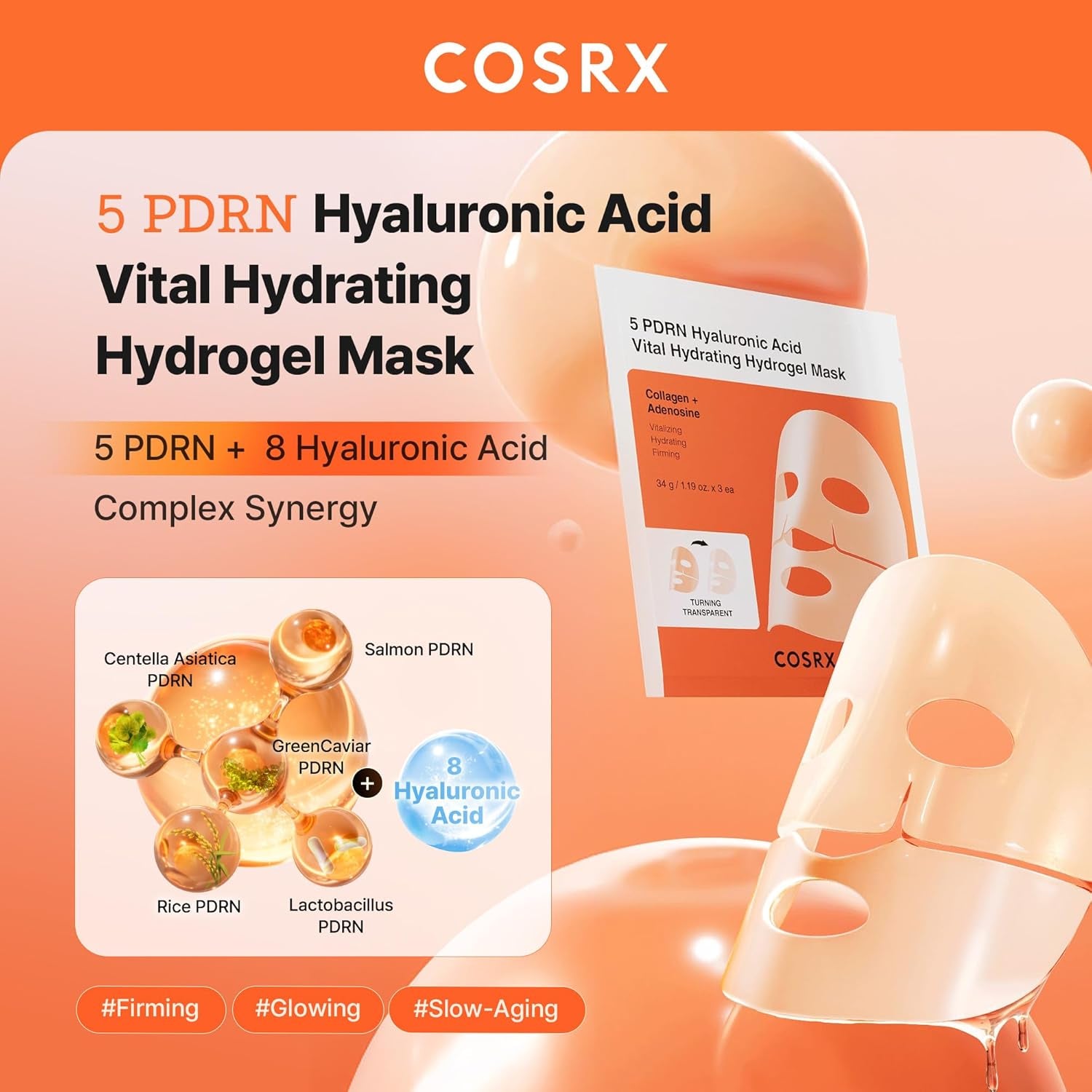 5 PDRN Hyaluronic Acid Vital Hydrating Hydrogel Mask, Overnight Hydrogel Face Mask for Glass Glow Skin & Firming with Salmon DNA, Centella PDRN, Travel Essential, Korean Skin Care (34G X 3Ea)
