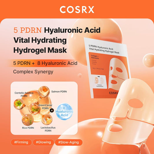 5 PDRN Hyaluronic Acid Vital Hydrating Hydrogel Mask, Overnight Hydrogel Face Mask for Glass Glow Skin & Firming with Salmon DNA, Centella PDRN, Travel Essential, Korean Skin Care (34G X 3Ea)