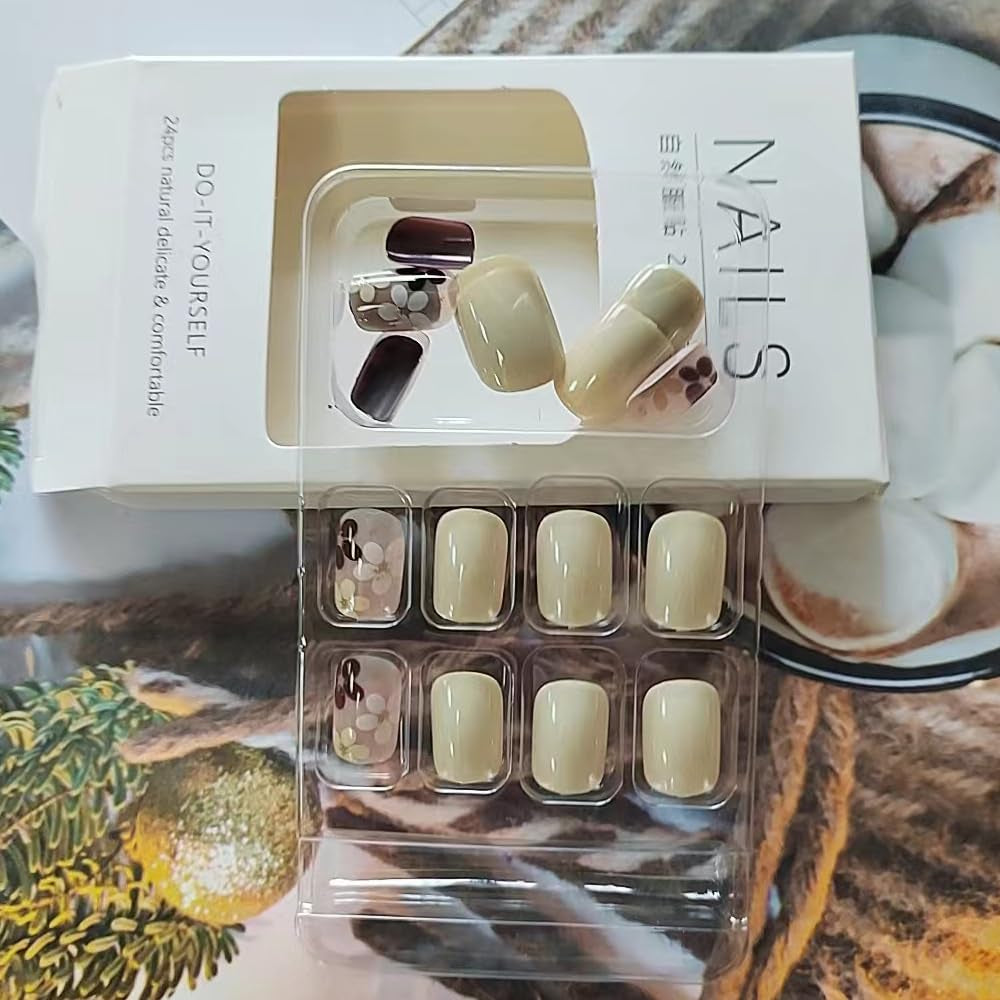 Autumn Flowers Fall Press on Nails - Extra Short Square Brown False Nails, Glossy Glue On, Acrylic, Full Cover, 24 Pcs