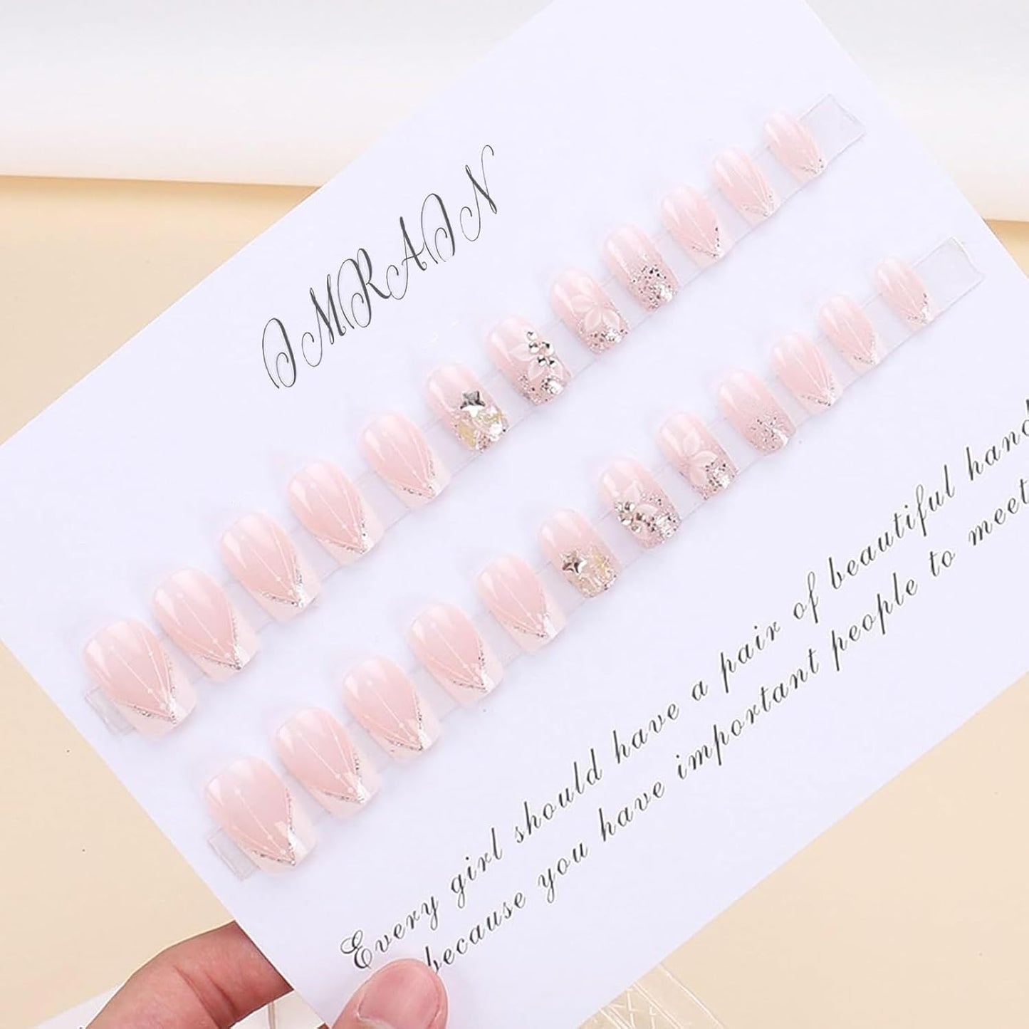 Press-On Nails: White French Tips, Glossy False Nails, Bling Glitter, Full Cover Flower Design, Gel Glue On, Acrylic Nails for Women & Girls