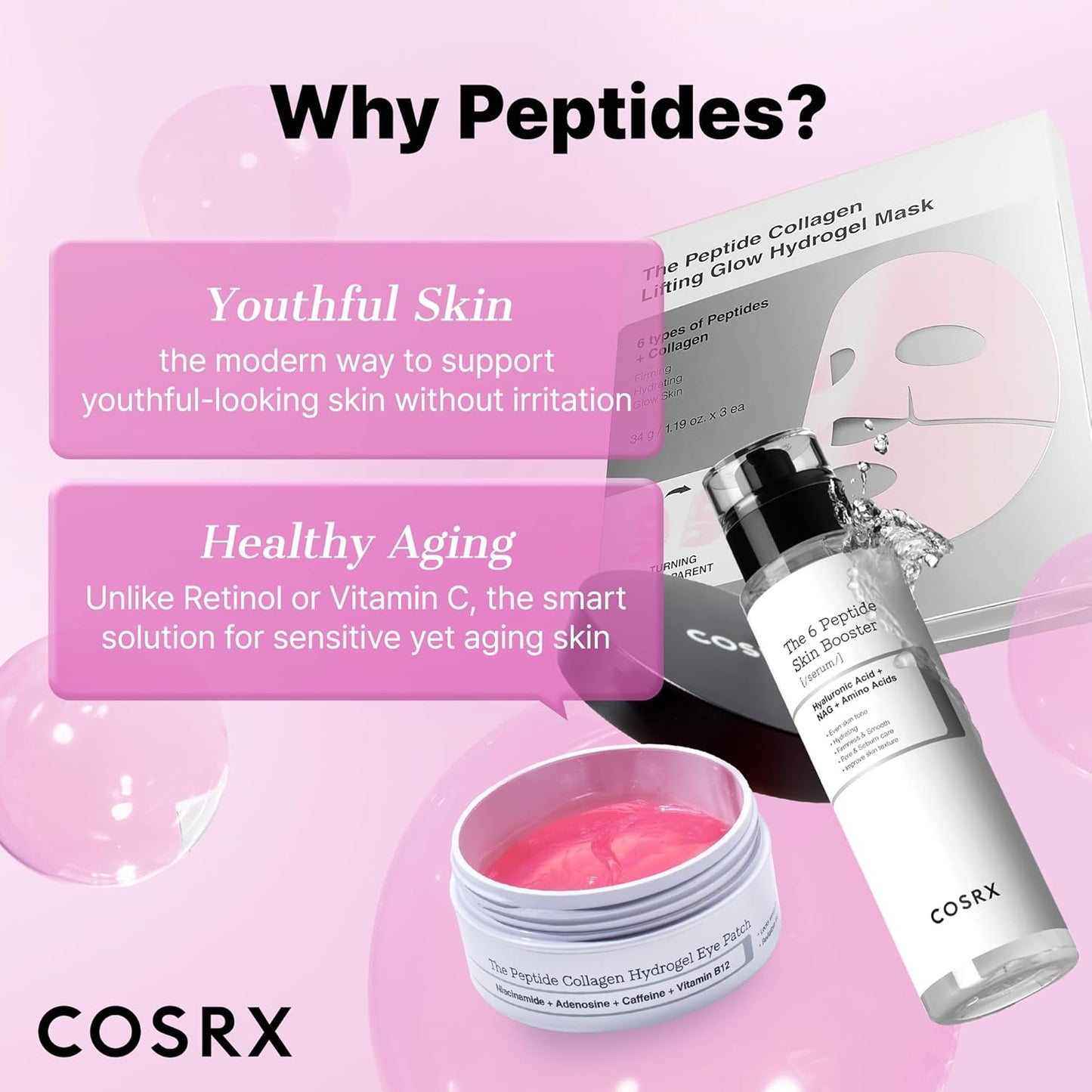 Pink Peptides Collagen Lifting Glow Hydrogel Face Masks Skincare 3 EA, Collagen Face Mask, Travel Essentials, Overnight Face Mask, Korean Skincare