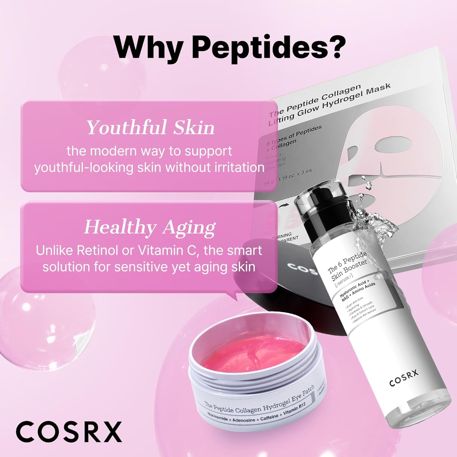 Pink Peptides Collagen Lifting Glow Hydrogel Face Masks Skincare 3 EA, Collagen Face Mask, Travel Essentials, Overnight Face Mask, Korean Skincare
