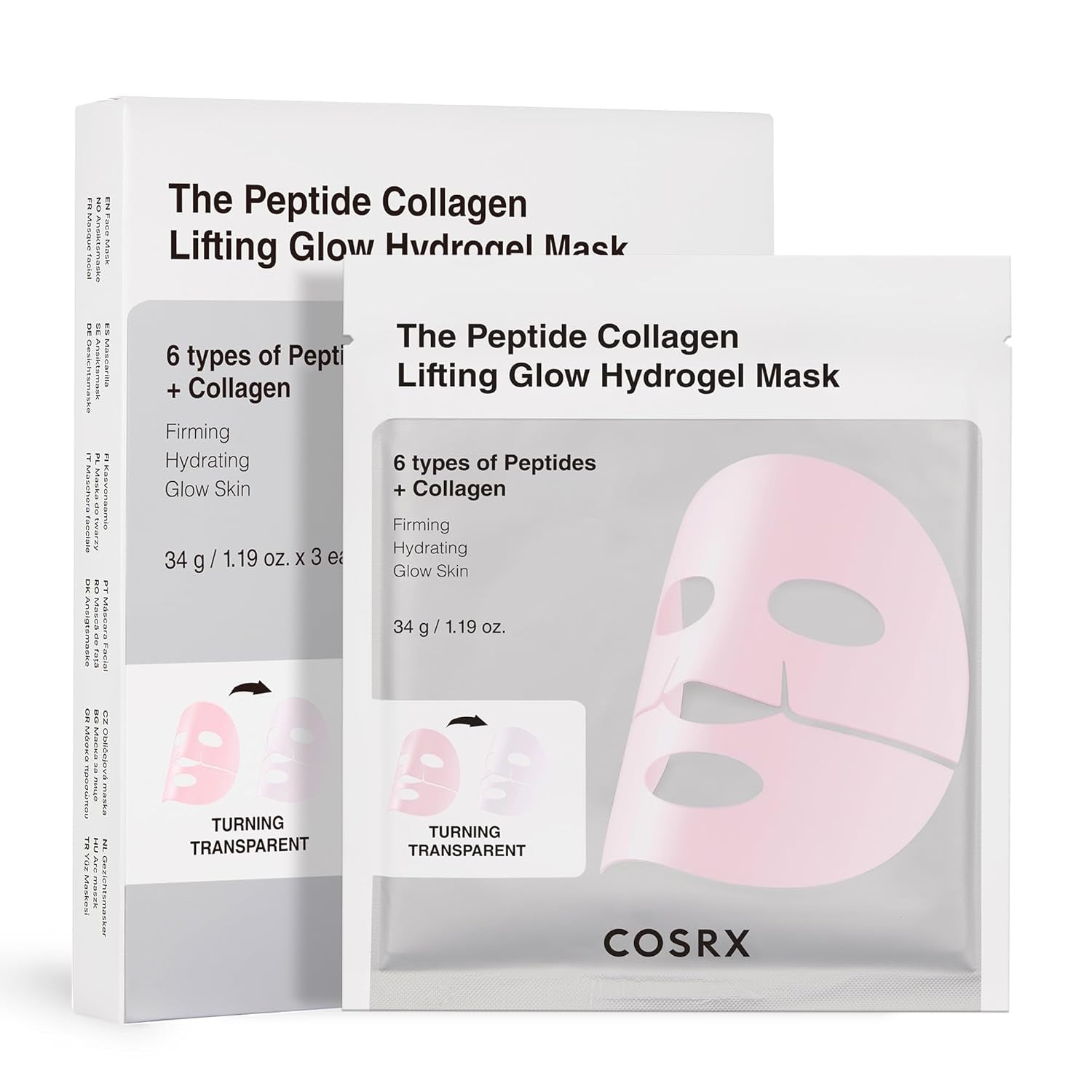 Pink Peptides Collagen Lifting Glow Hydrogel Face Masks Skincare 3 EA, Collagen Face Mask, Travel Essentials, Overnight Face Mask, Korean Skincare