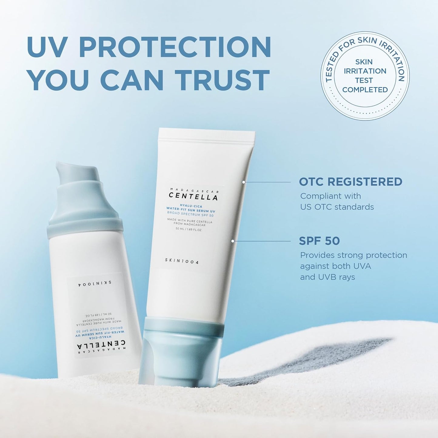 Centella Hyalu-Cica Water-Fit Sun Serum UV, Korean Sunscreen SPF 50, Centella Sunscreen, Travel Essentials, Sunscreen with Hyaluronic Acid, No White Cast, Korean Skin Care, 1.69 Fl.Oz / 50Ml