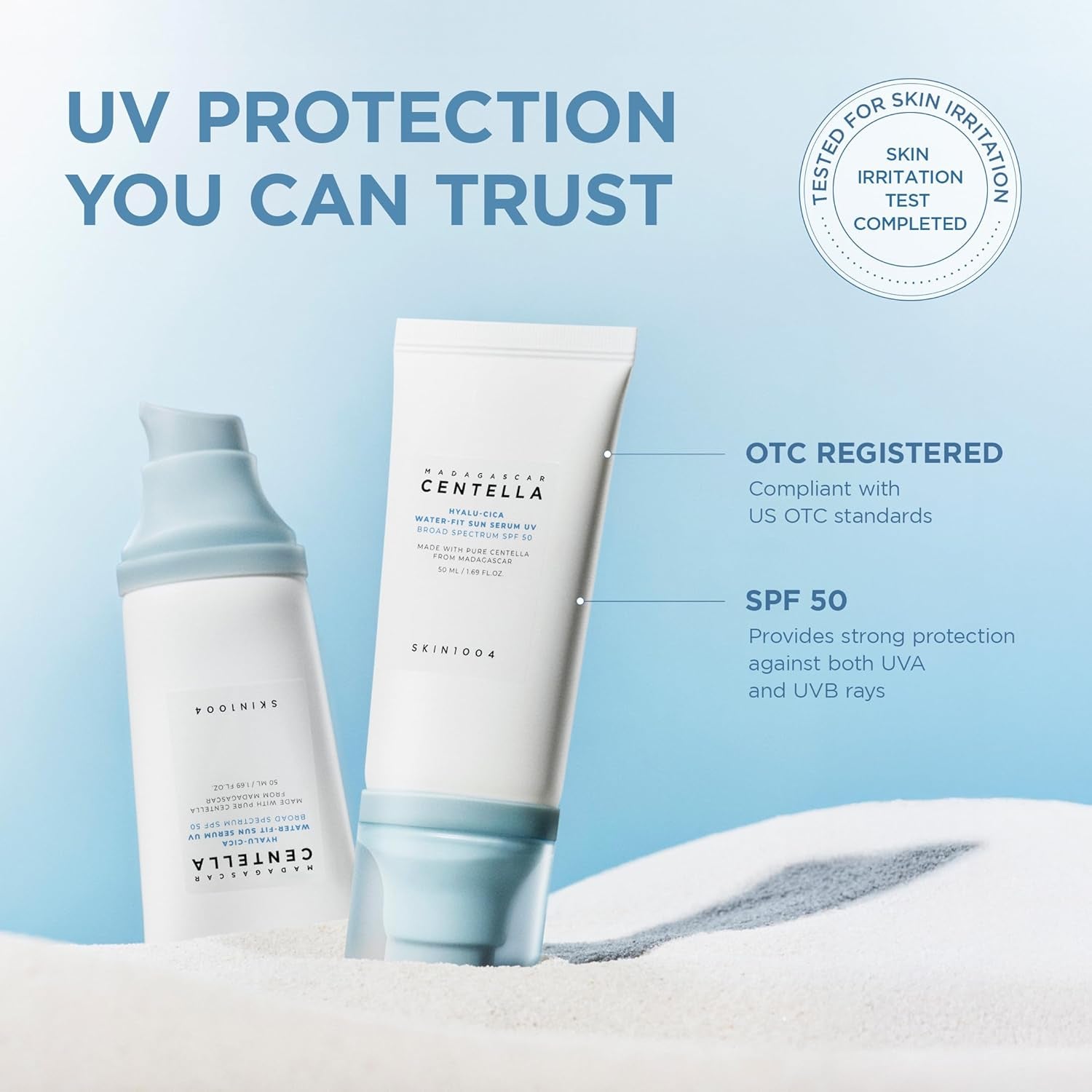 Centella Hyalu-Cica Water-Fit Sun Serum UV, Korean Sunscreen SPF 50, Centella Sunscreen, Travel Essentials, Sunscreen with Hyaluronic Acid, No White Cast, Korean Skin Care, 1.69 Fl.Oz / 50Ml