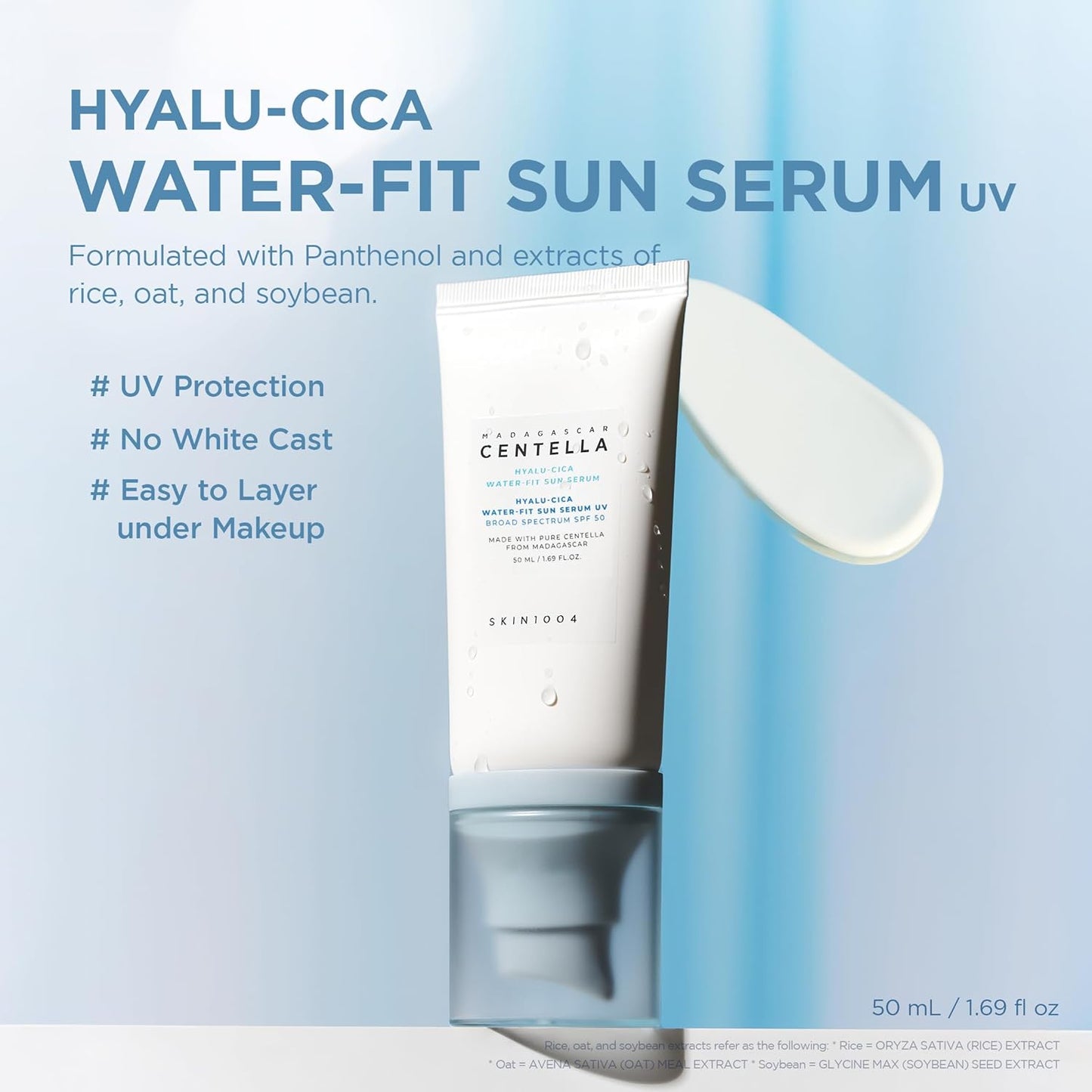 Centella Hyalu-Cica Water-Fit Sun Serum UV, Korean Sunscreen SPF 50, Centella Sunscreen, Travel Essentials, Sunscreen with Hyaluronic Acid, No White Cast, Korean Skin Care, 1.69 Fl.Oz / 50Ml