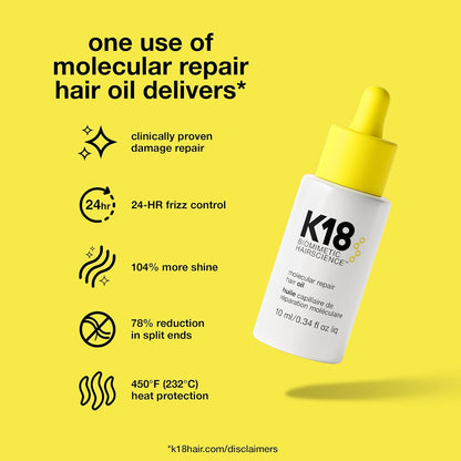 K18 Molecular Repair Hair Oil, Weightless Oil for Stronger, Healthier Hair, Suitable for All Hair Types
