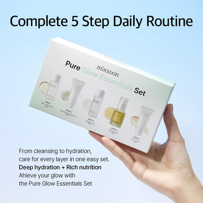 Pure Glow Essentials Set - 5-Step Skincare Kit - Travel Kit, Travel Size Kit, Hydrating Skincare Gift Set (15Ml*1+20Ml*3+30Ml*1) Korean Glass Skin Care