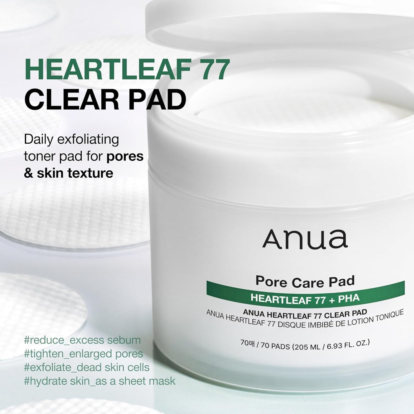 Heartleaf 77 Toner Pads, Daily Exfoliating Toner Pad for Skin Texture with Centella & PHA, Dual-Textured Pore Pads for Sensitive Skin, Non-Comedogenic, Korean Skin Care, 70 Pads