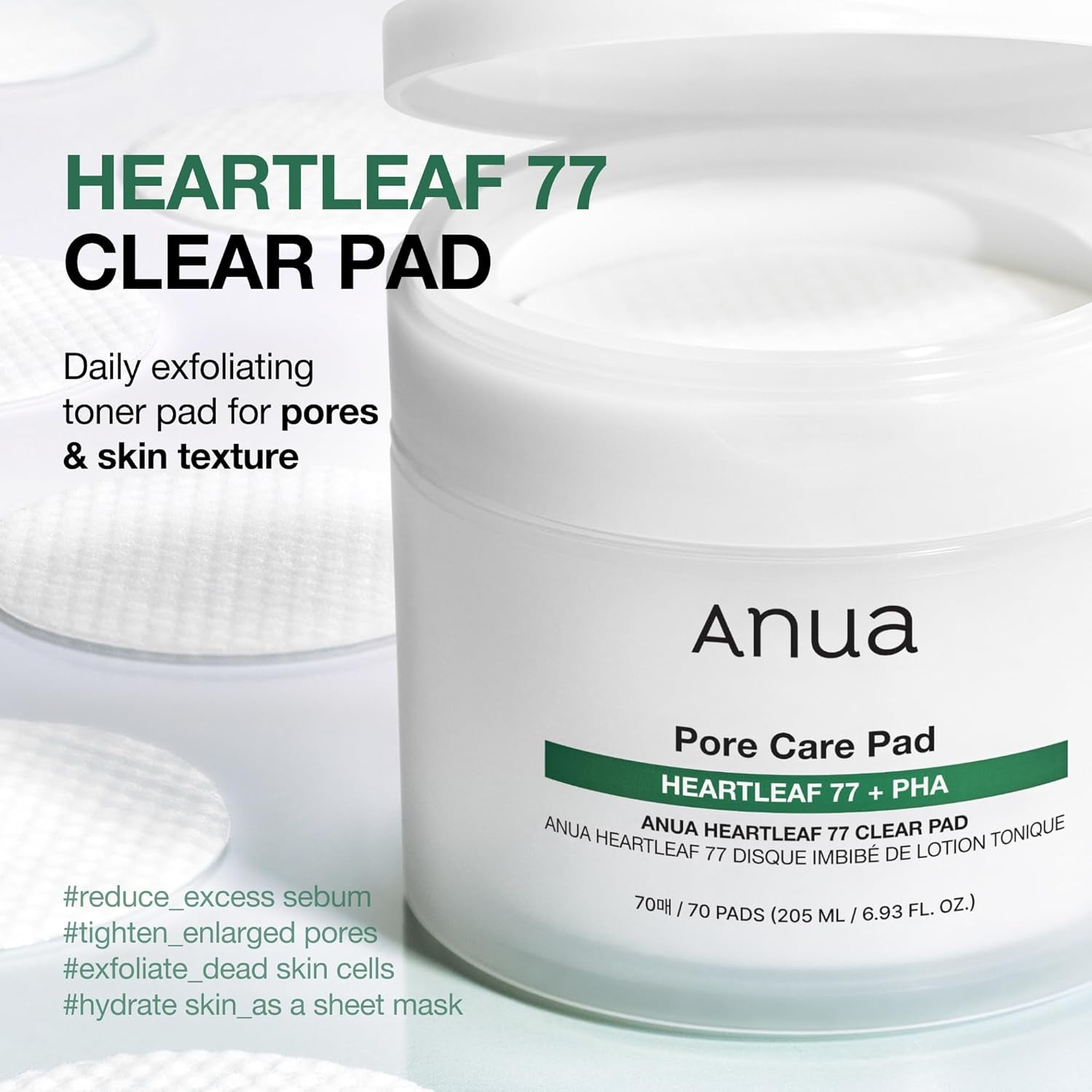 Heartleaf 77 Toner Pads, Daily Exfoliating Toner Pad for Skin Texture with Centella & PHA, Dual-Textured Pore Pads for Sensitive Skin, Non-Comedogenic, Korean Skin Care, 70 Pads
