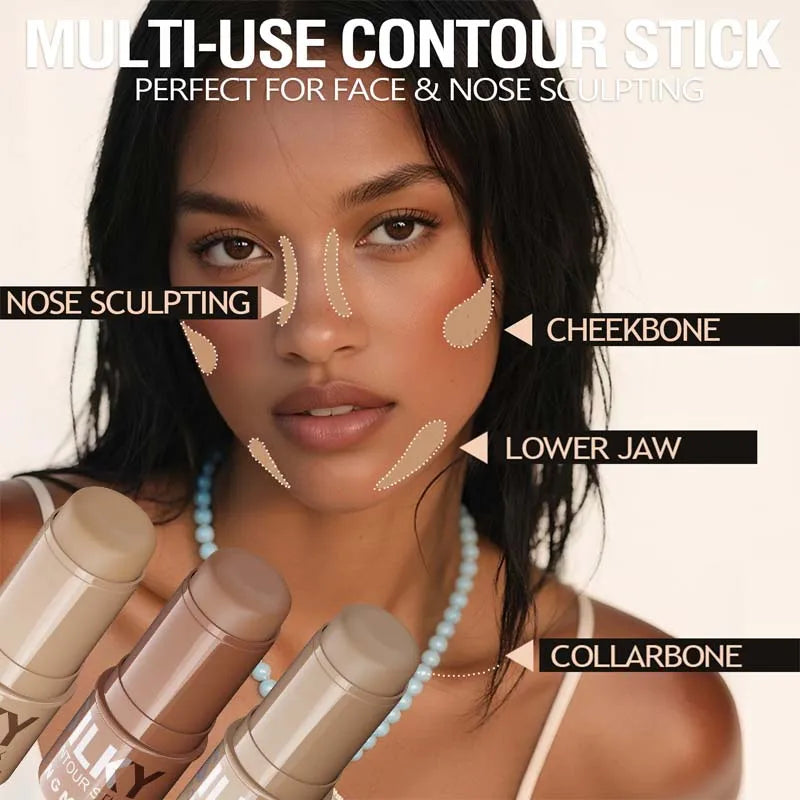 3 Color Contour Stick Multi-Functional Face Highlighter Cream Bronze Long-Lasting Waterproof Contouring & Brightening Stick