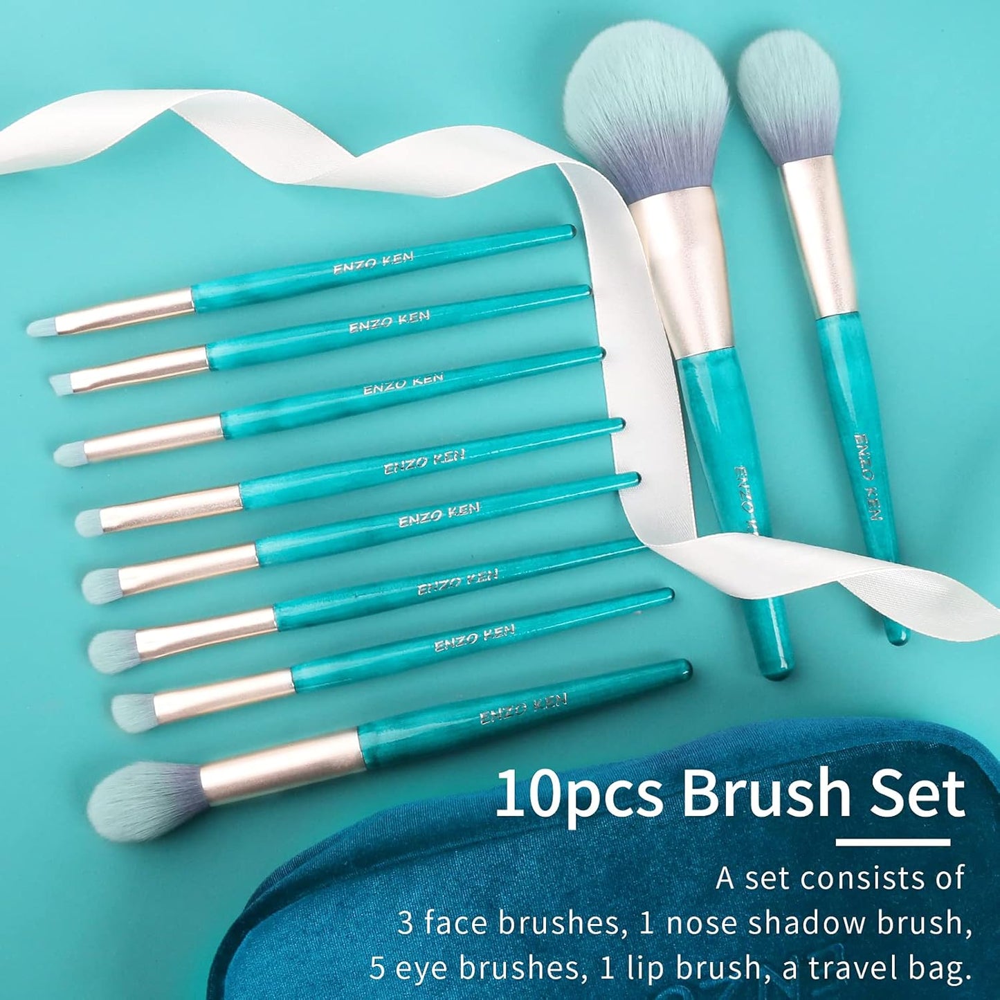 Teal Blue Makeup Brushes Set with Case, Travel Makeup Brush Set Professional, Colorful Cosmetic Brushes Makeup Set, Soft Make up Brushes, Wood Make up Brushes Set, Makeup Brush Set Vegan.