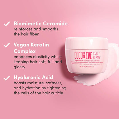 Sweet Repair Repairing and Restoring Hair Mask. 85% Stronger Hair, Reduce Hair Damage by 65%. Biomimetic Ceramides, Hyaluronic Acid, Vegan Keratin. Increase Hydration & Shine.
