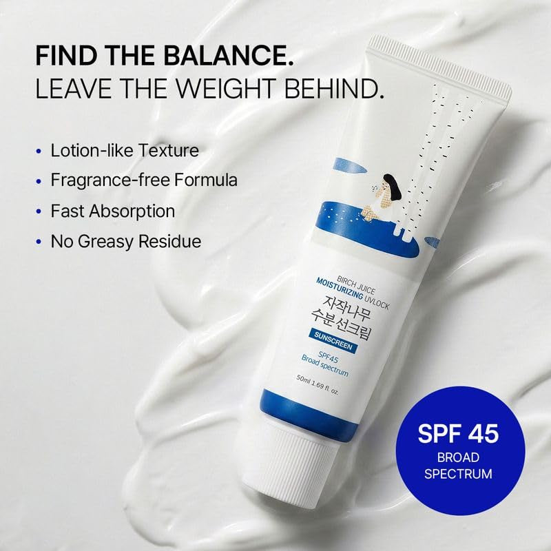 Birch Juice Moisturizing UV LOCK SPF 45, 1.69 Fl Oz, Hydrating Lotion-Like Lightweight Glow Sunscreen for Sensitive Skin, No White Cast, Fragrance-Free, Protector Solar, Korean Sunscreen