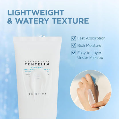 Centella Hyalu-Cica Water-Fit Sun Serum UV, Korean Sunscreen SPF 50, Centella Sunscreen, Travel Essentials, Sunscreen with Hyaluronic Acid, No White Cast, Korean Skin Care, 1.69 Fl.Oz / 50Ml