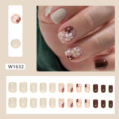 Autumn Flowers Fall Press on Nails - Extra Short Square Brown False Nails, Glossy Glue On, Acrylic, Full Cover, 24 Pcs