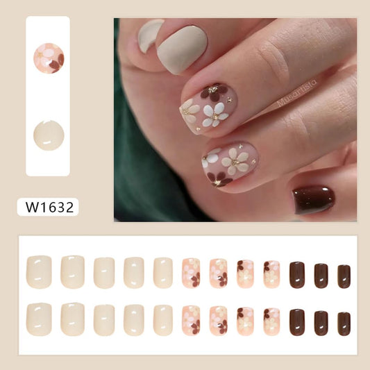 Autumn Flowers Fall Press on Nails - Extra Short Square Brown False Nails, Glossy Glue On, Acrylic, Full Cover, 24 Pcs
