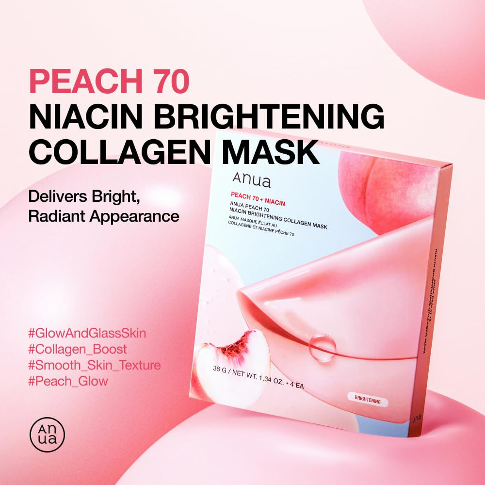 Peach 70 Niacin Brightening Collagen Mask, Overnight Face Mask for Glass Skin, Niacinamide, Elasticity, Even Skin Tone, Natural Color, Korean Skincare, 1.34 Fl.Oz/4Ea
