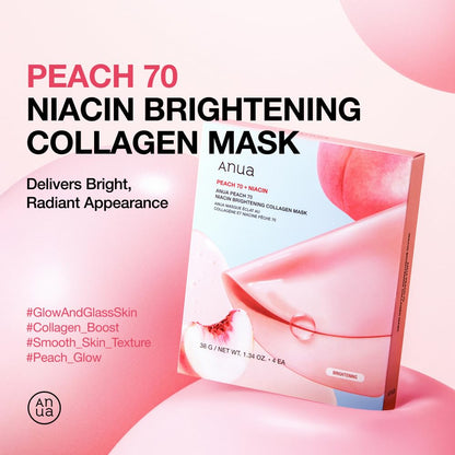 Peach 70 Niacin Brightening Collagen Mask, Overnight Face Mask for Glass Skin, Niacinamide, Elasticity, Even Skin Tone, Natural Color, Korean Skincare, 1.34 Fl.Oz/4Ea