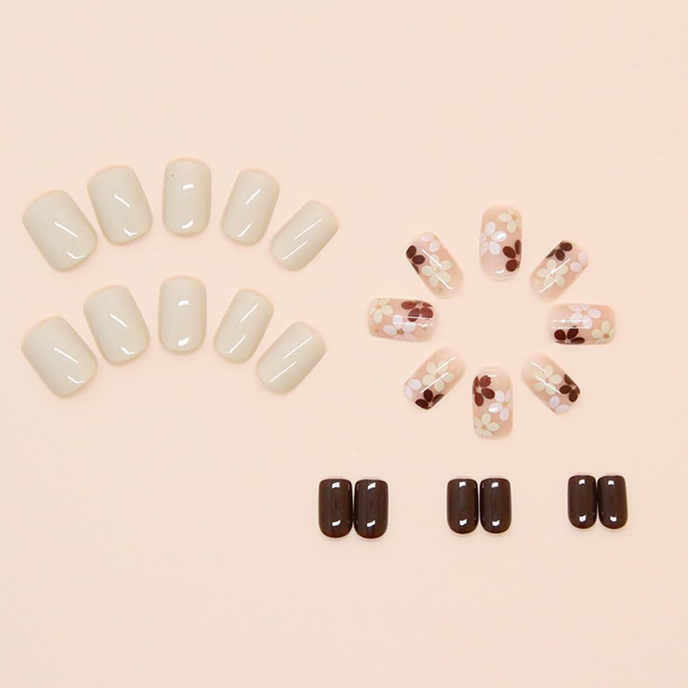 Autumn Flowers Fall Press on Nails - Extra Short Square Brown False Nails, Glossy Glue On, Acrylic, Full Cover, 24 Pcs