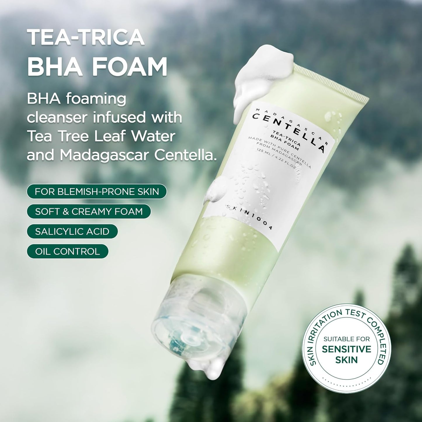 Tea-Trica BHA Foam, Makeup Remover with Centella Asiatica & Tea Tree, Korean Face Cleanser for Oil & Sebum Balance, Cleansing Foam for Clearing Impurities, Korean Skin Care, 4.22 Fl.Oz /125Ml