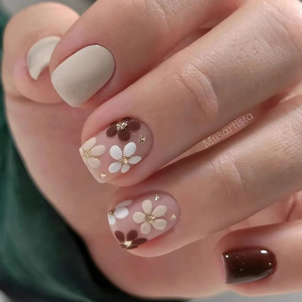 Autumn Flowers Fall Press on Nails - Extra Short Square Brown False Nails, Glossy Glue On, Acrylic, Full Cover, 24 Pcs