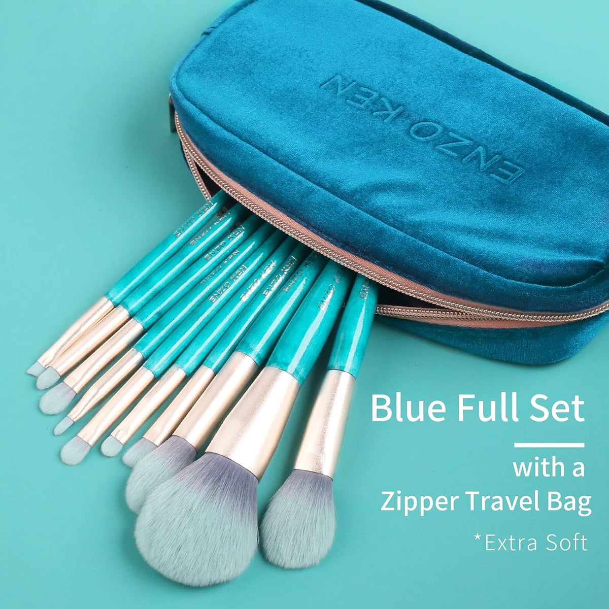 Teal Blue Makeup Brushes Set with Case, Travel Makeup Brush Set Professional, Colorful Cosmetic Brushes Makeup Set, Soft Make up Brushes, Wood Make up Brushes Set, Makeup Brush Set Vegan.
