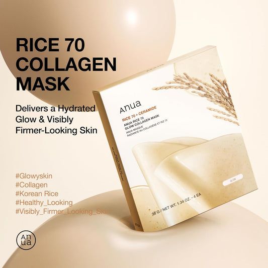 Rice 70 Glow Collagen Mask, Overnight Face Mask for Glass Skin, Ceramide, Collagen Facial Mask, Skin Moisture Barrier, Tightening Care, Natural Color, Korean Skincare, 1.34 Oz/4Ea