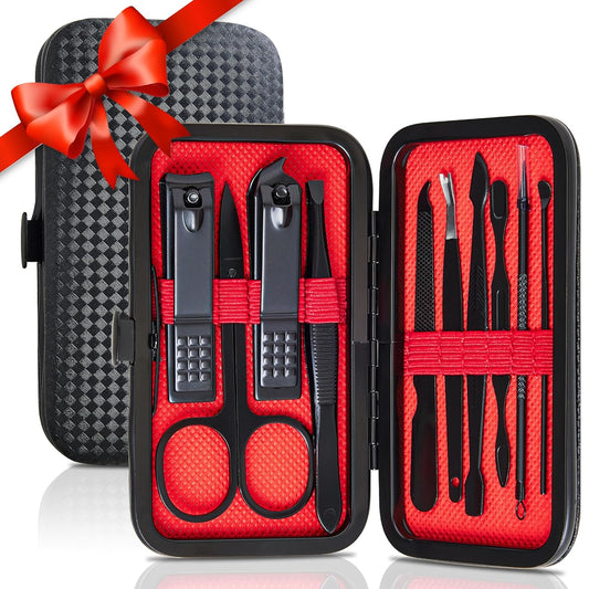 Manicure Set 10 in 1 Mens Gifts Travel Nail Clippers Set for Him, Mens Grooming Manicure Kit Pedicure Tools for Men Women Girls Boys Parents Husband Wife with Black Leather Case