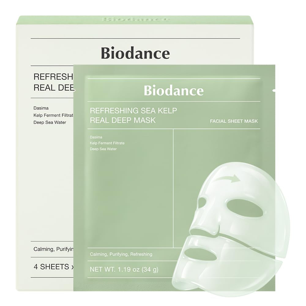 Refreshing Sea Kelp Real Deep Mask, Overnight Hydrogel Face Mask, Calming, Oil & Sebum Control, Blemish Care, after Sun Care, Sunburn Relief, Korean Skin Care | 1.19Oz(34G) X 4Ea