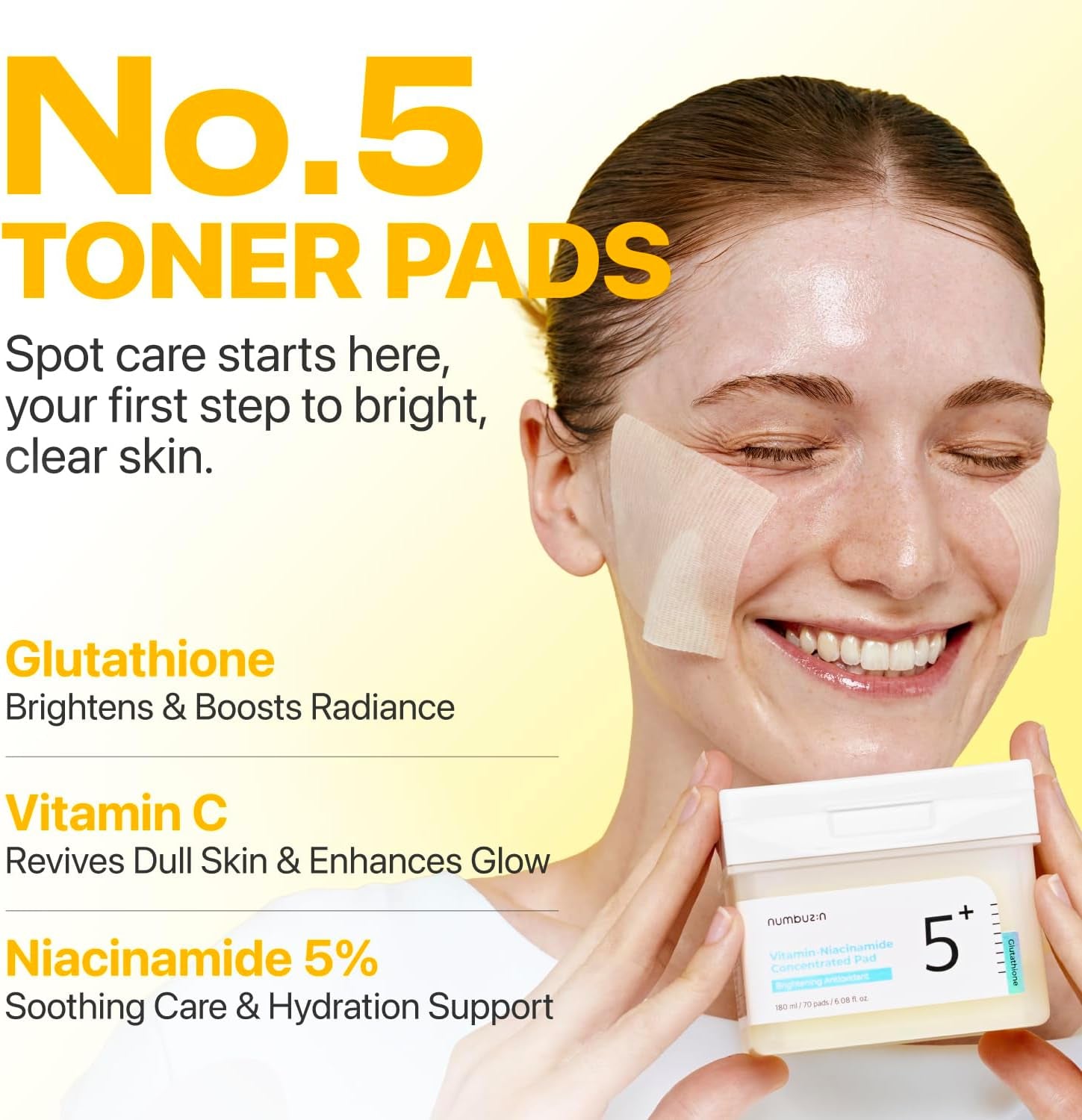 No.5 Vitamin-Niacinamide Concentrated Pad, Daily Double-Sided Facial Pads with Glutathione, PHA & LHA for a Fresh, Radiant-Looking Skin Finish 180 Ml (70 Pads)