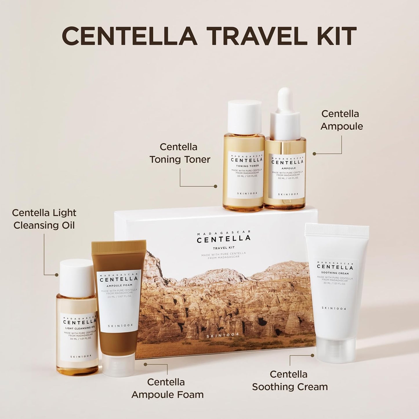 Centella Travel Kit, Korean Skin Care Set with Toner, Moisturiser, Serum, Cleansing Oil & Cleanser, Travel Size Set with Madagascar Centella, Sensitive Skin, Perfect for Travel Beauty & Gifts