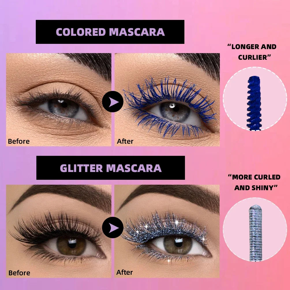 6 Colors Double Ended Diamond Glitter and Matte Mascara Lasting Colored Mascara Eyelashes Pink Green Red Voluminous Rimel