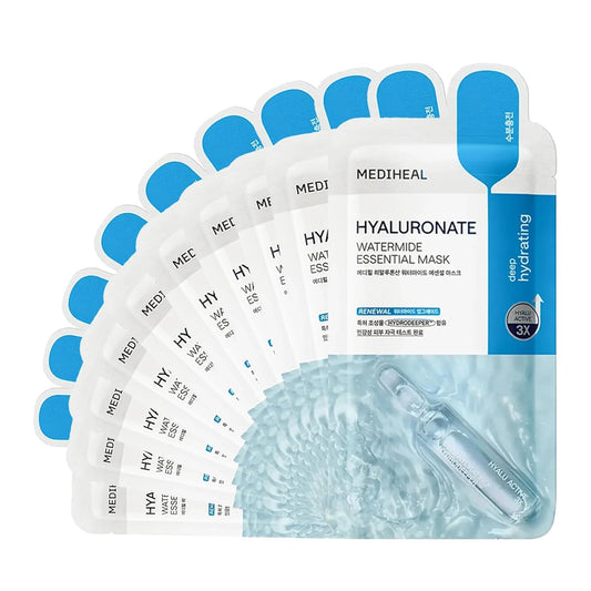 Best Korean Hyaluronate Watermide Essential Face Mask - Hydrating and Moisturizing Sheet Masks with Hyalu Active 3X for All Skin Types (10 Count)