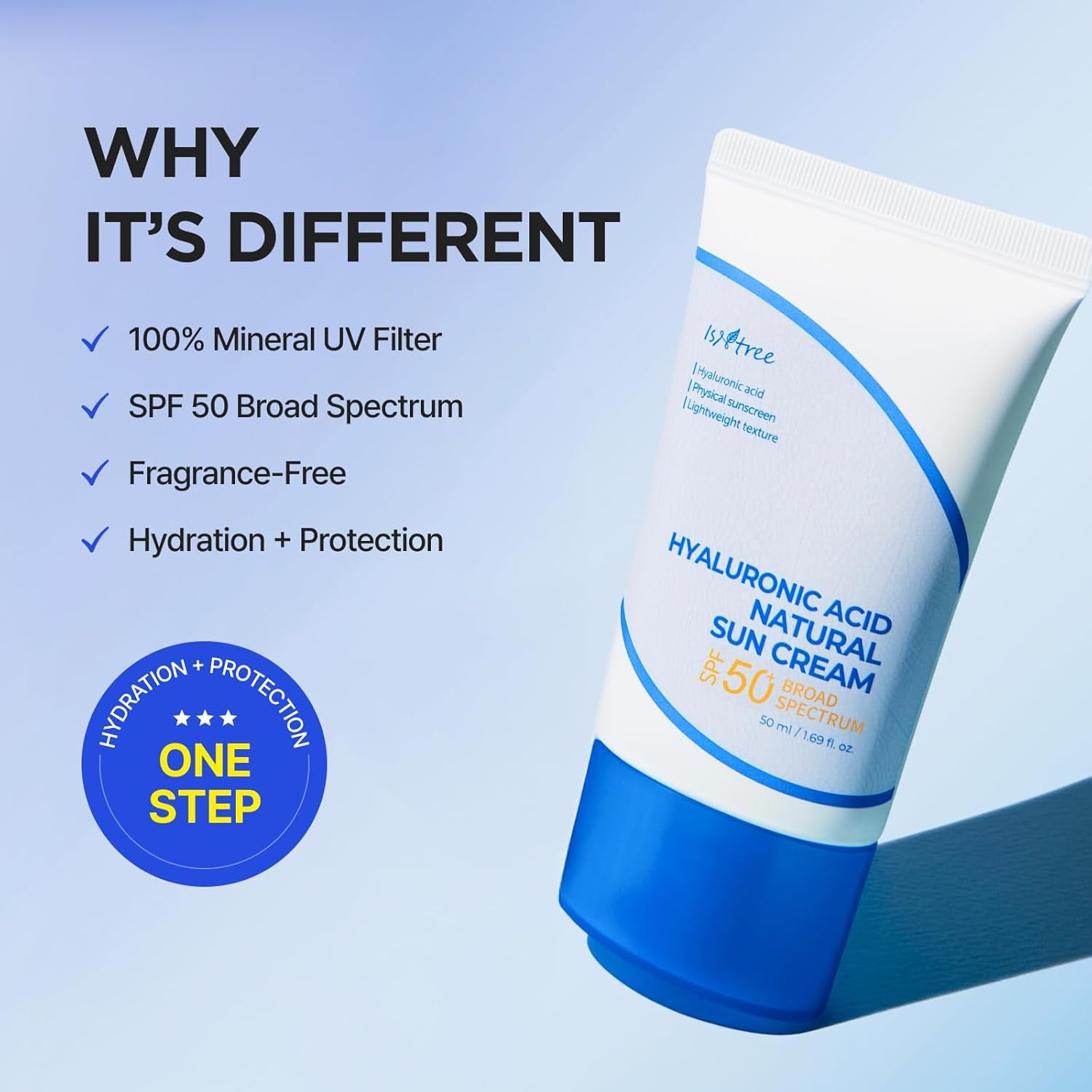 Hyaluronic Acid Natural Suncream SPF 50, Mineral Sunscreen, Gentle Tone-Up Effect, Hydrating Daily Sun Cream, Sensitive Skin Friendly, Korean Skincare, 50Ml