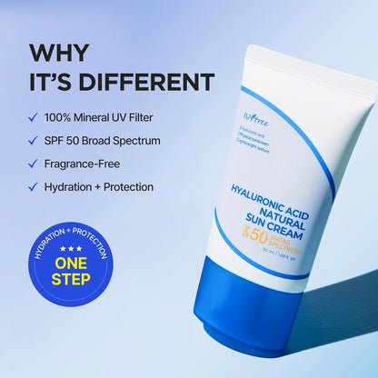 Hyaluronic Acid Natural Suncream SPF 50, Mineral Sunscreen, Gentle Tone-Up Effect, Hydrating Daily Sun Cream, Sensitive Skin Friendly, Korean Skincare, 50Ml