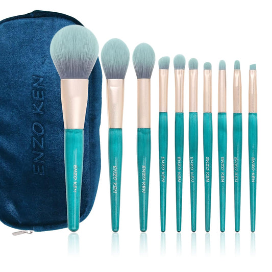 Teal Blue Makeup Brushes Set with Case, Travel Makeup Brush Set Professional, Colorful Cosmetic Brushes Makeup Set, Soft Make up Brushes, Wood Make up Brushes Set, Makeup Brush Set Vegan.